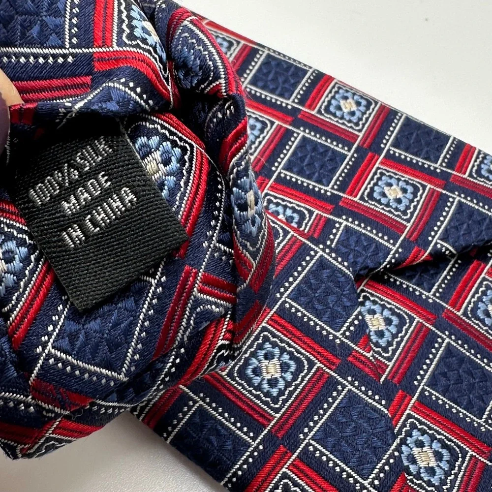 Jos A Bank Silk neck tie blue‎ and red square design 59.5